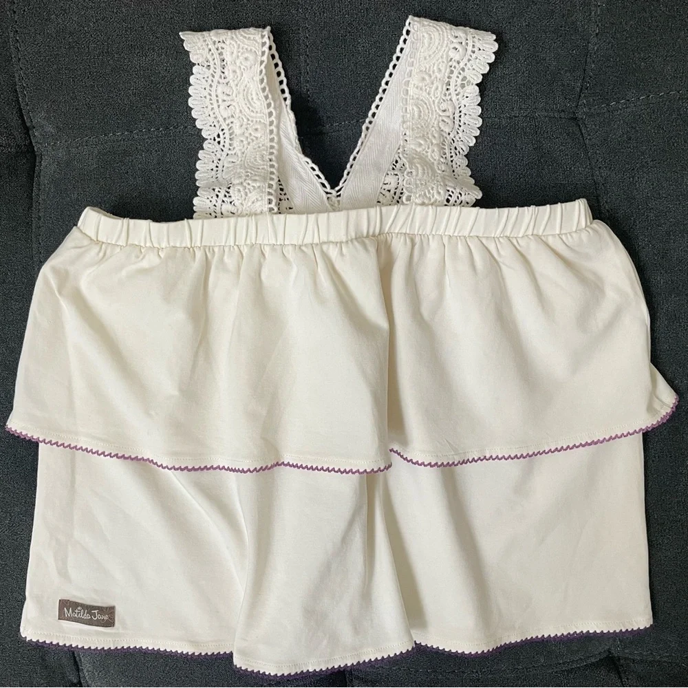 Matilda Jane Enchanted Garden Coconut Tiered Ruffle Top with Purple Trim